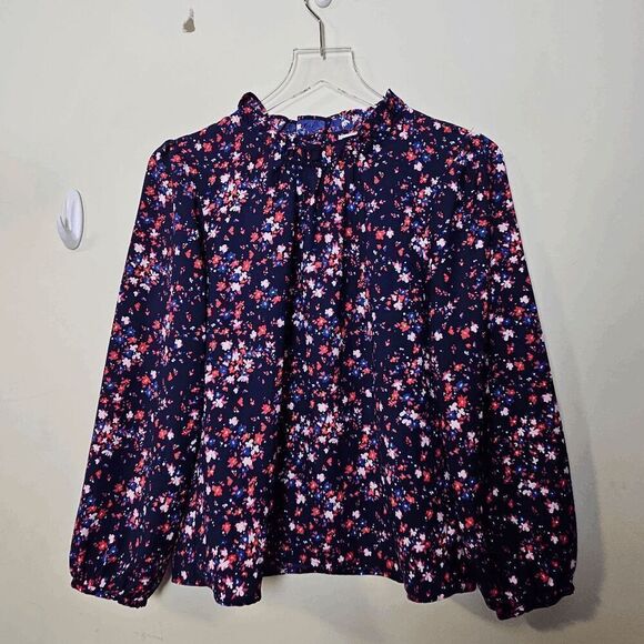 J. Crew Classic-fit collarless puff-sleeve  Long Sleeve Ruffleneck Floral Top Bl - Picture 1 of 5